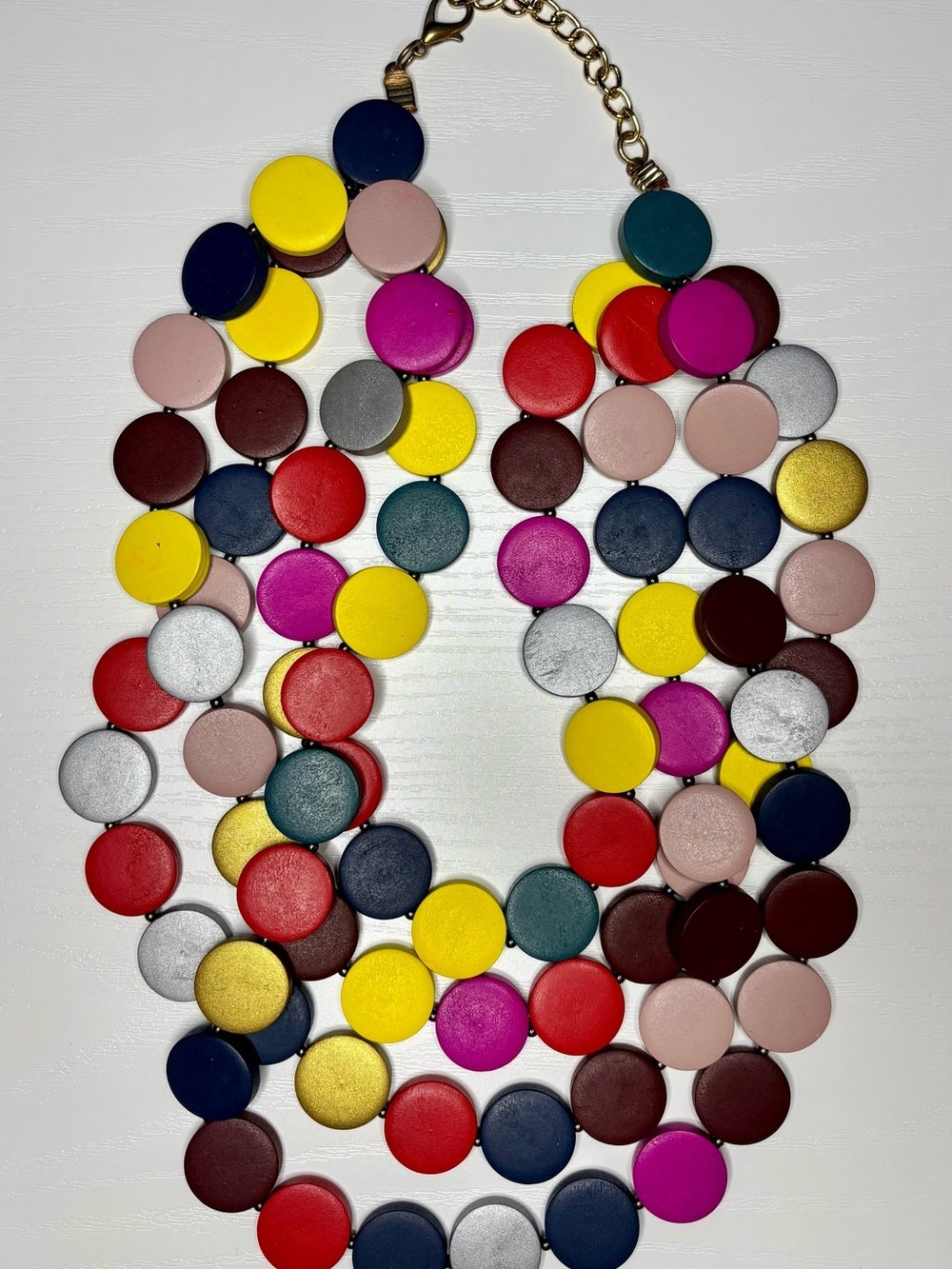 Multicolor Wooden Disc Statement Necklace | Chunky Layered Boho Bib Collar Jewel